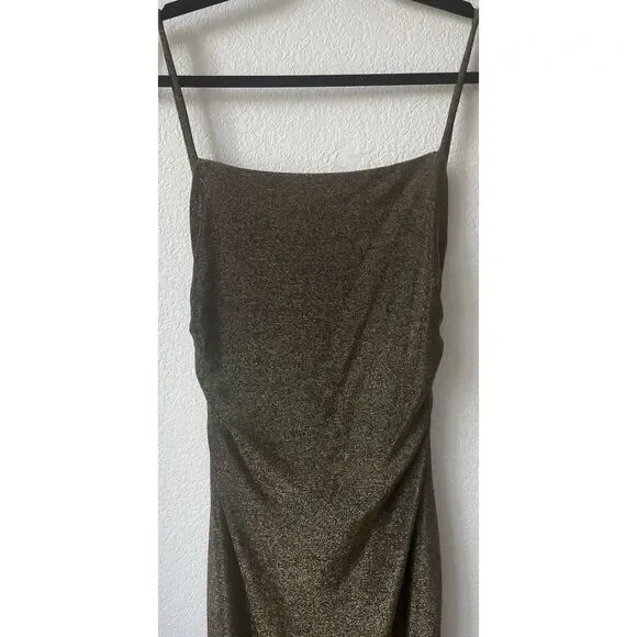 Reformation NWOT Breslin Brown Gold Sparkle Square Neck Knot Back Slip Dress  S